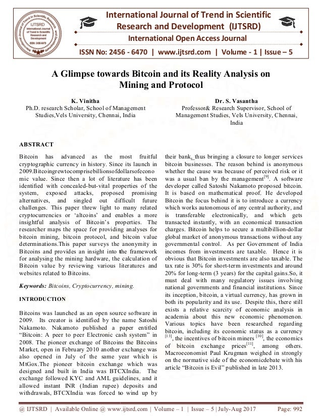 A Glimpse Towards Bitcoin And Its Reality Analysis On Mining And Prot - 